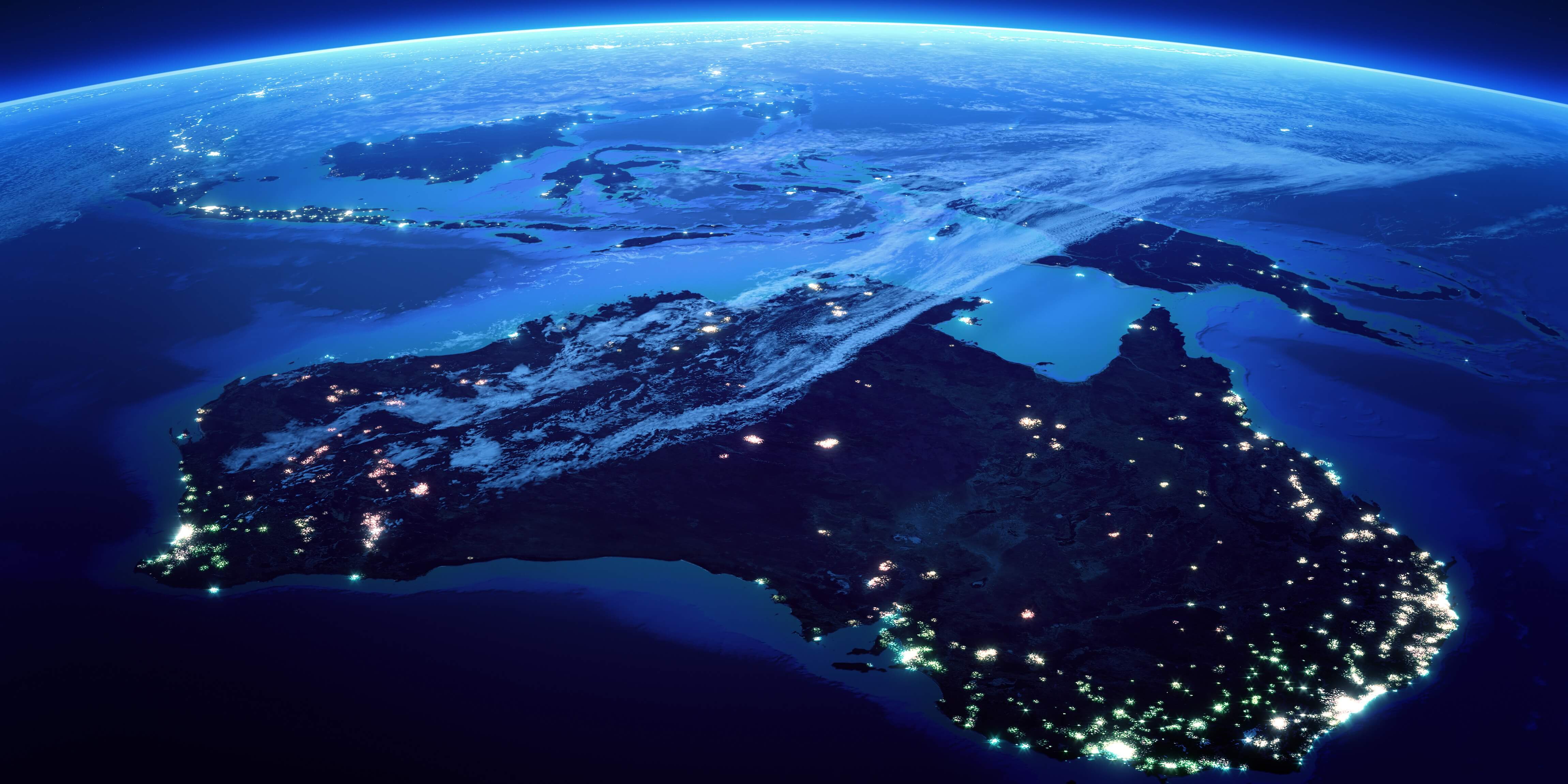 view from space of Australia with lights along east coast
