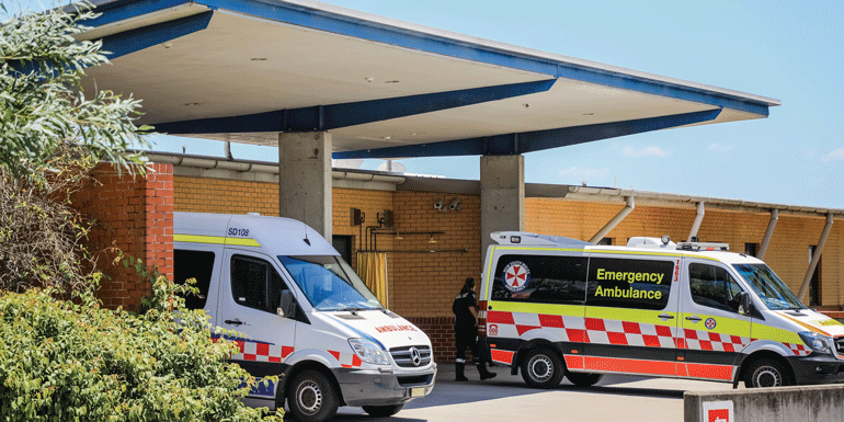 Emergency ambulance at Canterbury Hospital. Belmore, Sydney, NSW.